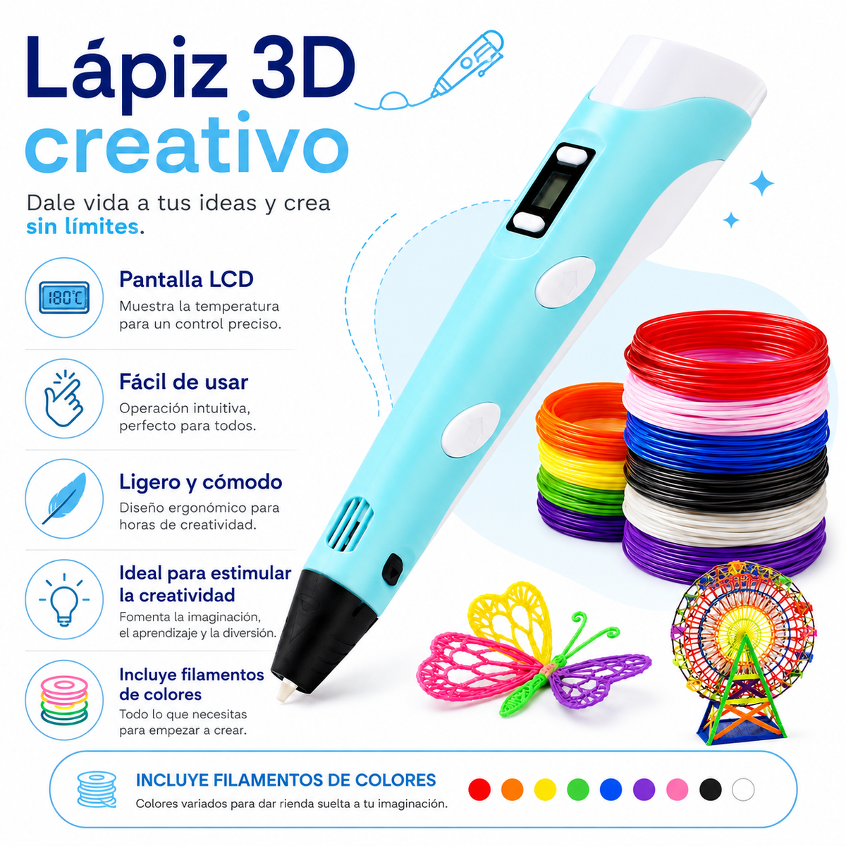Lápiz 3D Creativo con Pantalla LCD y Filamentos de colores GRATIS